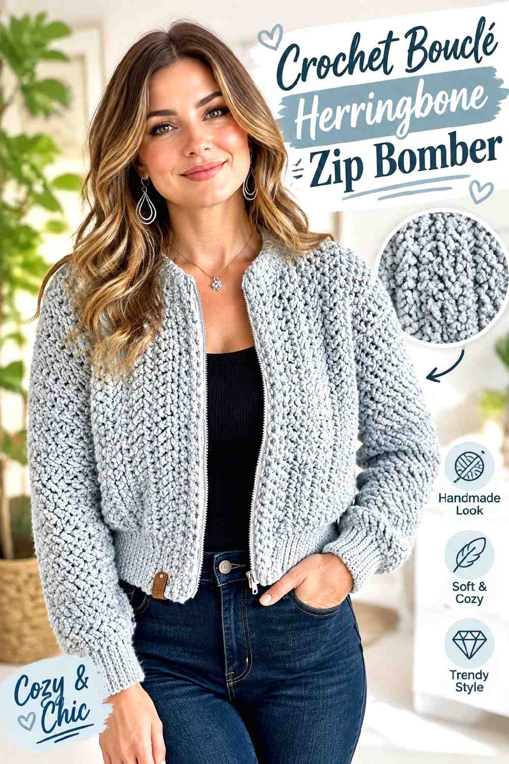 3. Crochet Boucle Herringbone Zip Bomber