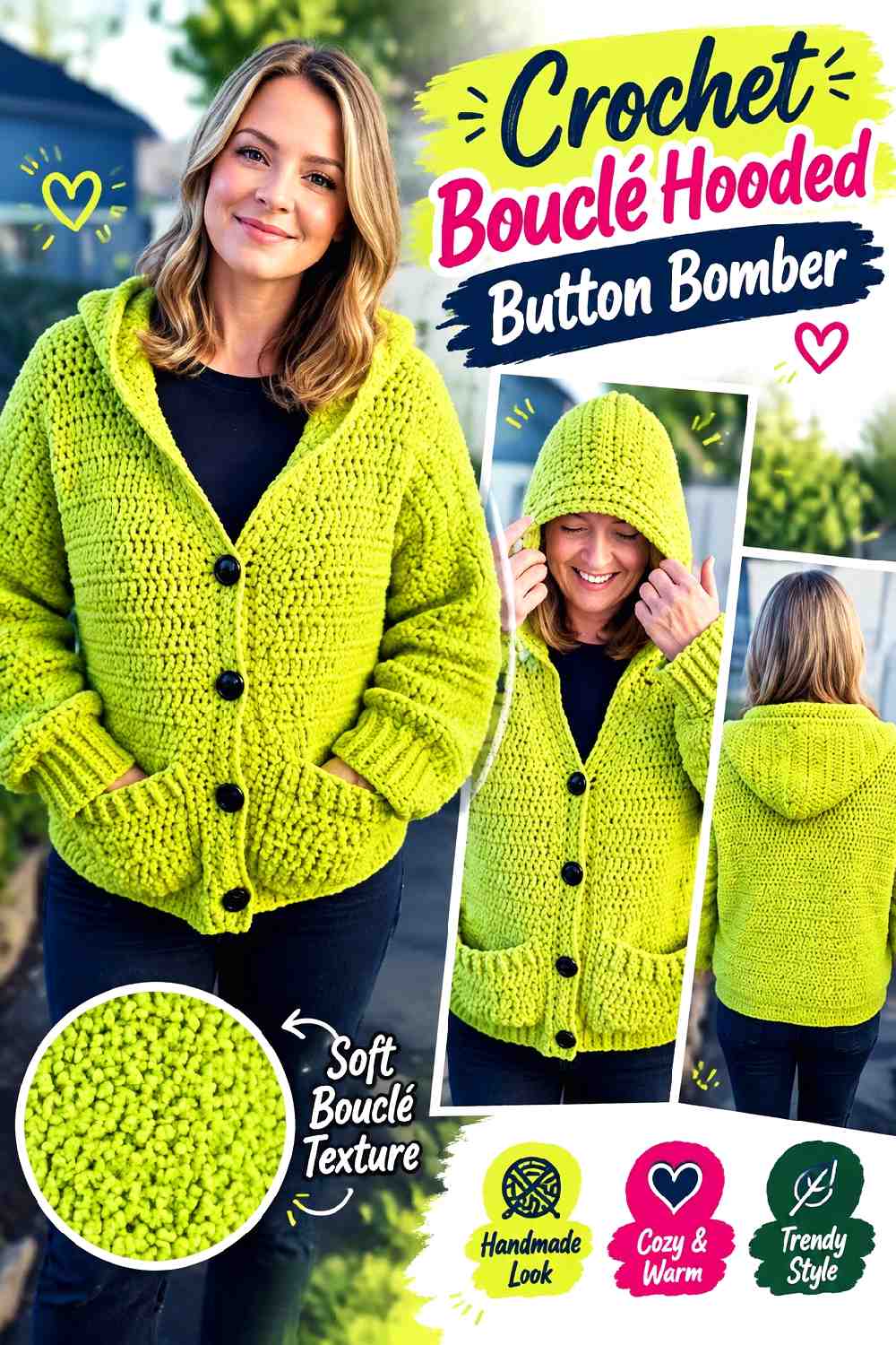 15. Crochet Boucle Hooded Button Bomber