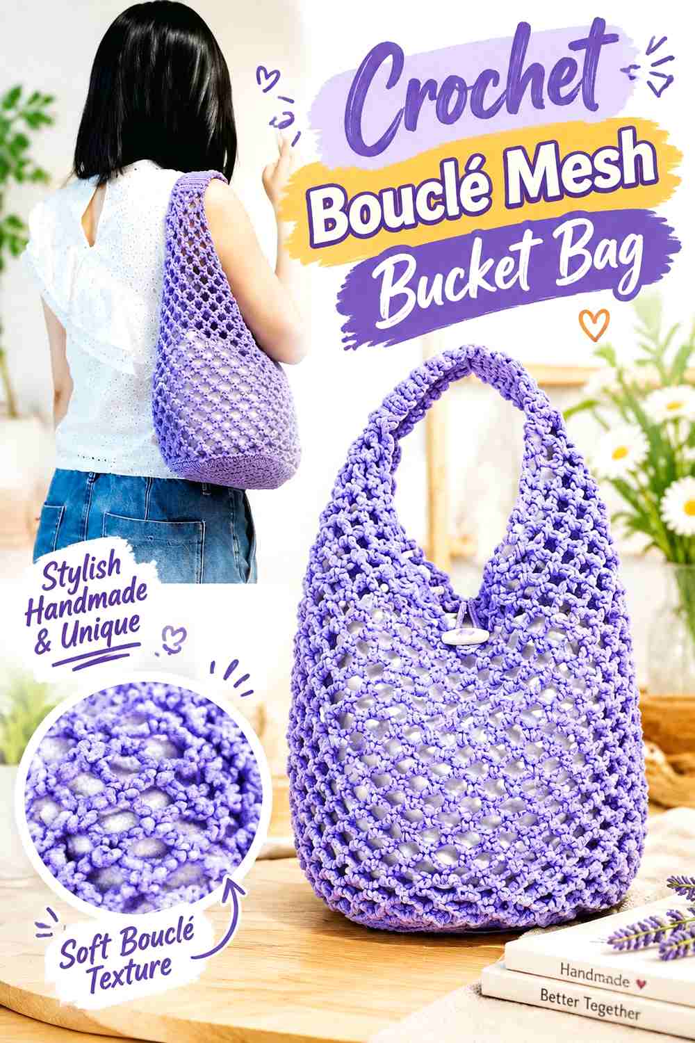 13. Crochet Bouclé Mesh Bucket Bag