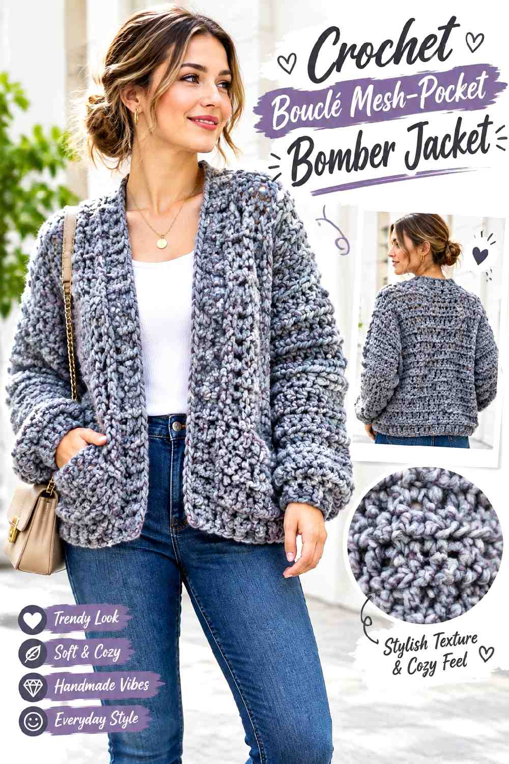 1. Crochet Boucle Mesh Pocket Bomber Jacket