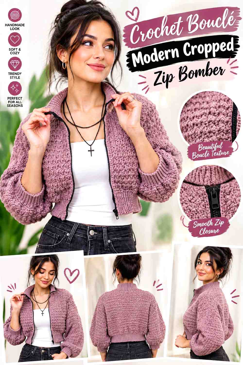 9. Crochet Boucle Modern Cropped Zip Bomber