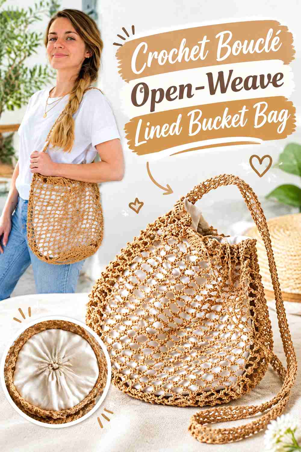9. Crochet Bouclé Open-Weave Lined Bucket Bag