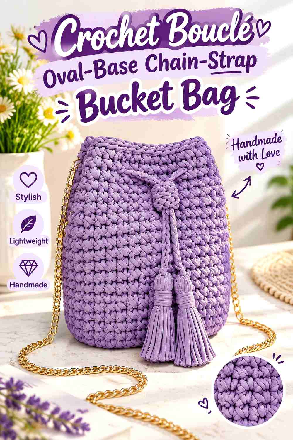 5. Crochet Bouclé Oval-Base Chain-Strap Bucket Bag