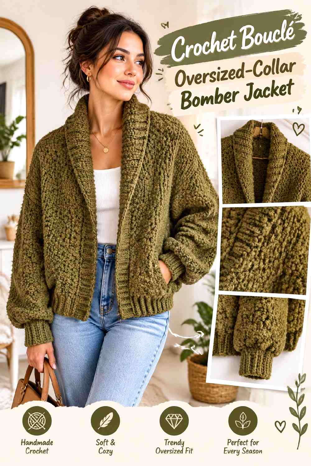 2. Crochet Boucle Oversized Collar Bomber Jacket