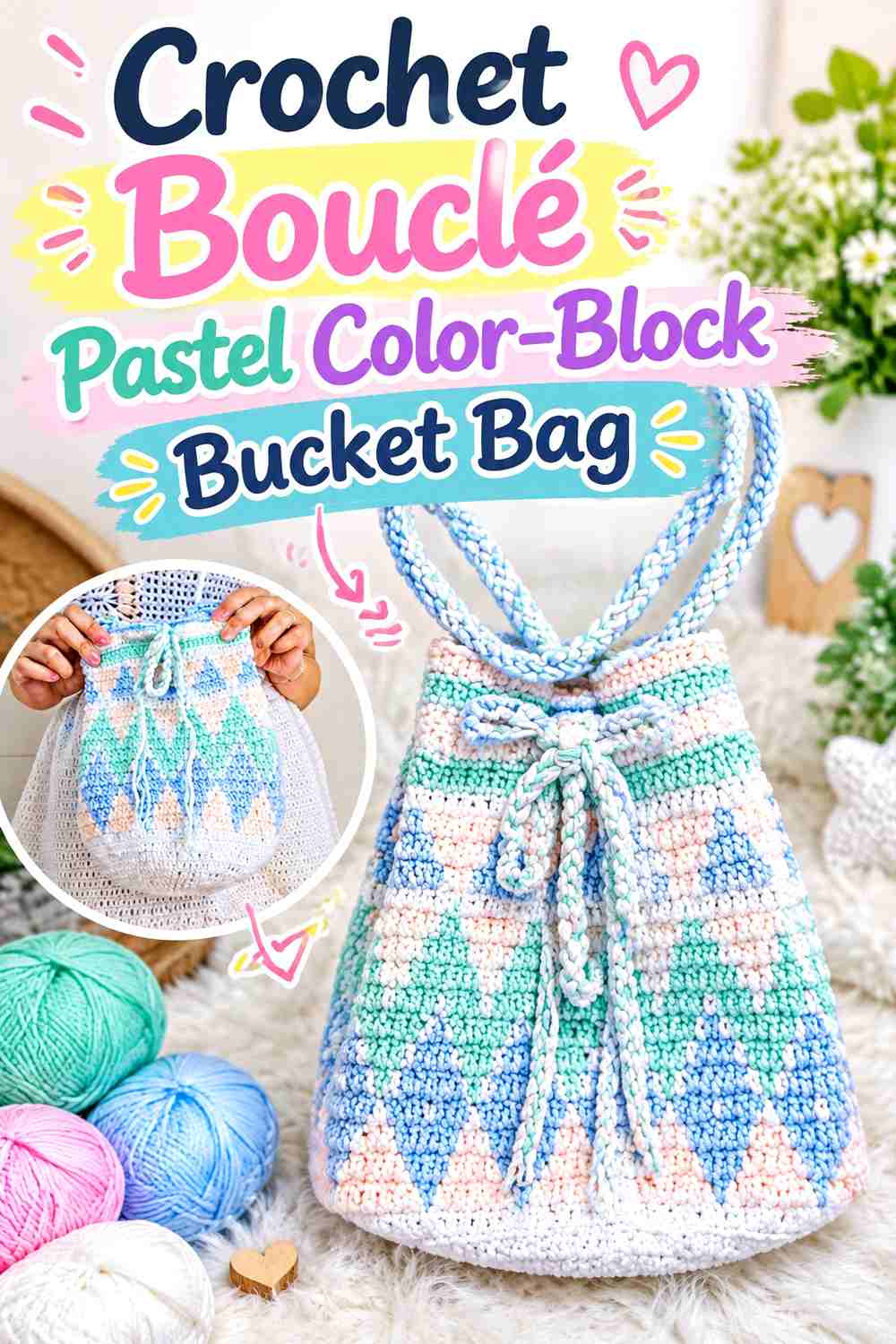 10. Crochet Bouclé Pastel Color-Block Bucket Bag