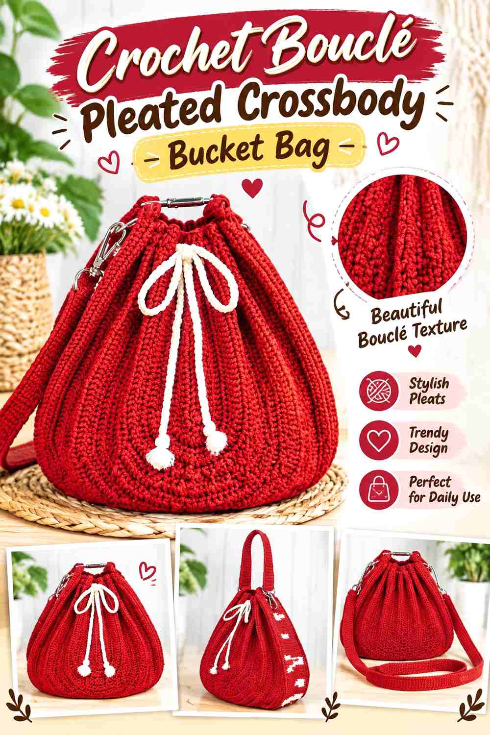 8. Crochet Bouclé Pleated Crossbody Bucket Bag