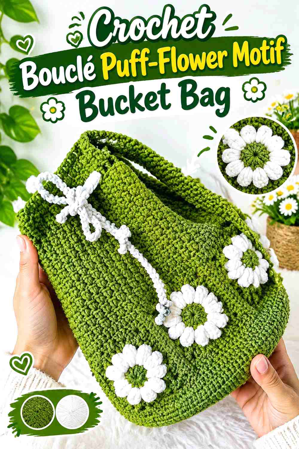 14. Crochet Bouclé Puff-Flower Motif Bucket Bag