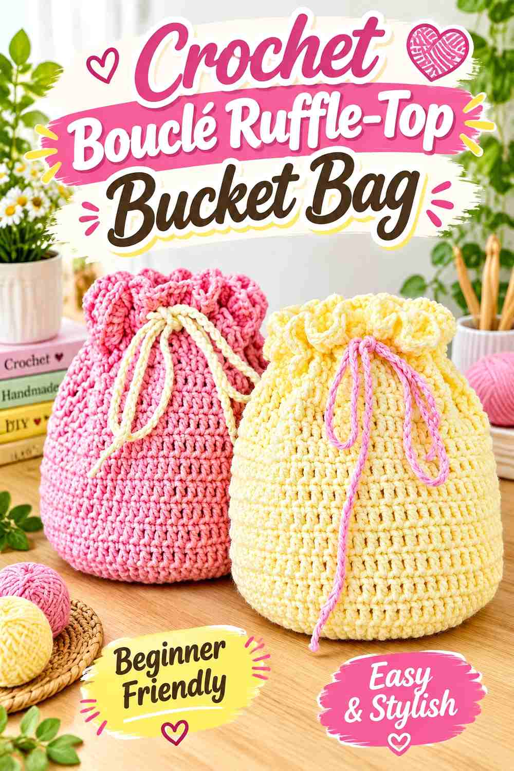 2. Crochet Bouclé Ruffle-Top Bucket Bag