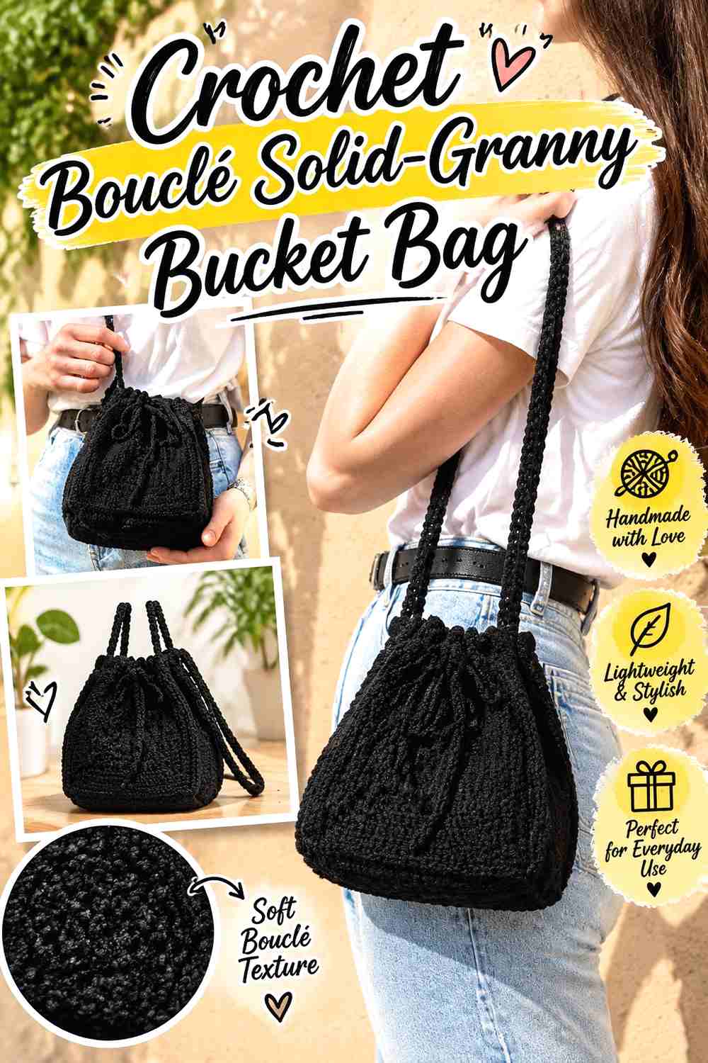 3. Crochet Bouclé Solid-Granny Bucket Bag