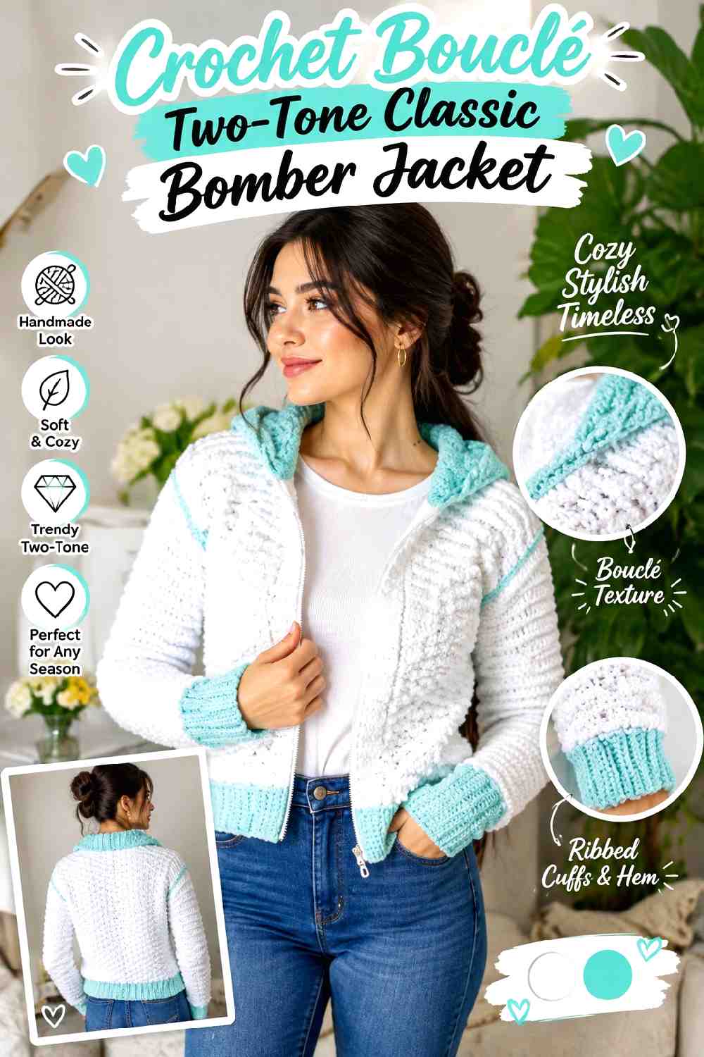 18. Crochet Boucle Two Tone Classic Bomber Jacket
