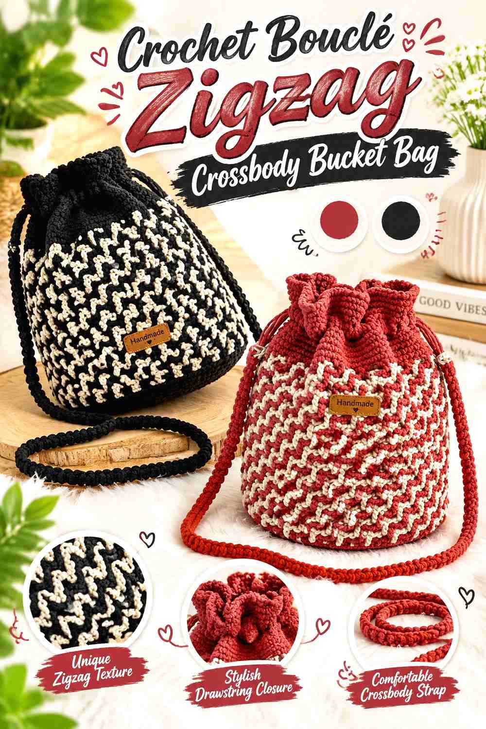 11. Crochet Bouclé Zigzag Crossbody Bucket Bag