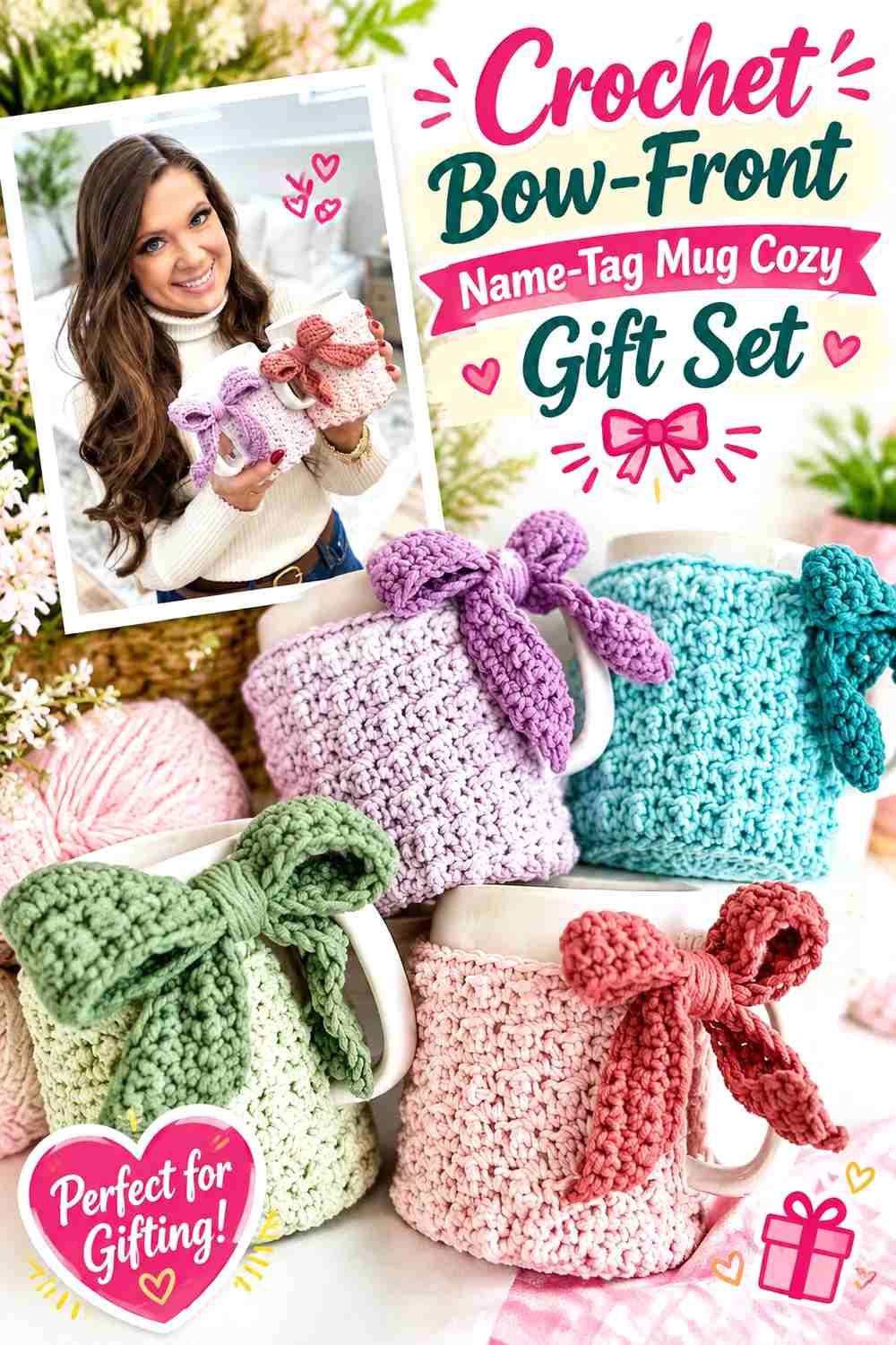 1. Crochet Bow-Front Name-Tag Mug Cozy Gift Set