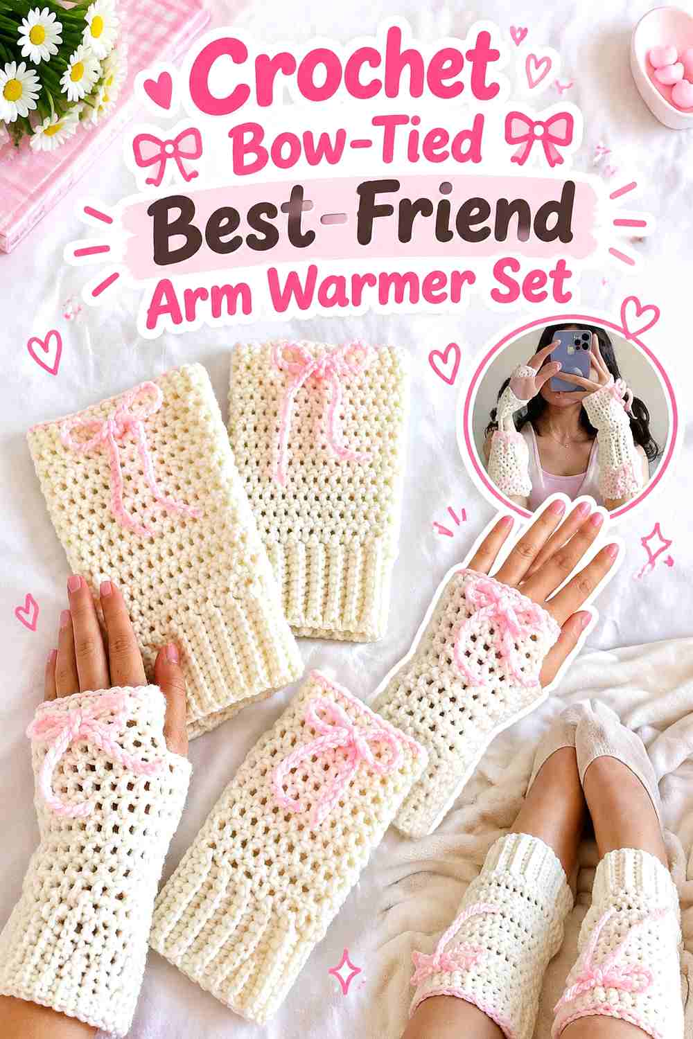 2. Crochet Bow-Tied Best-Friend Arm Warmer Set