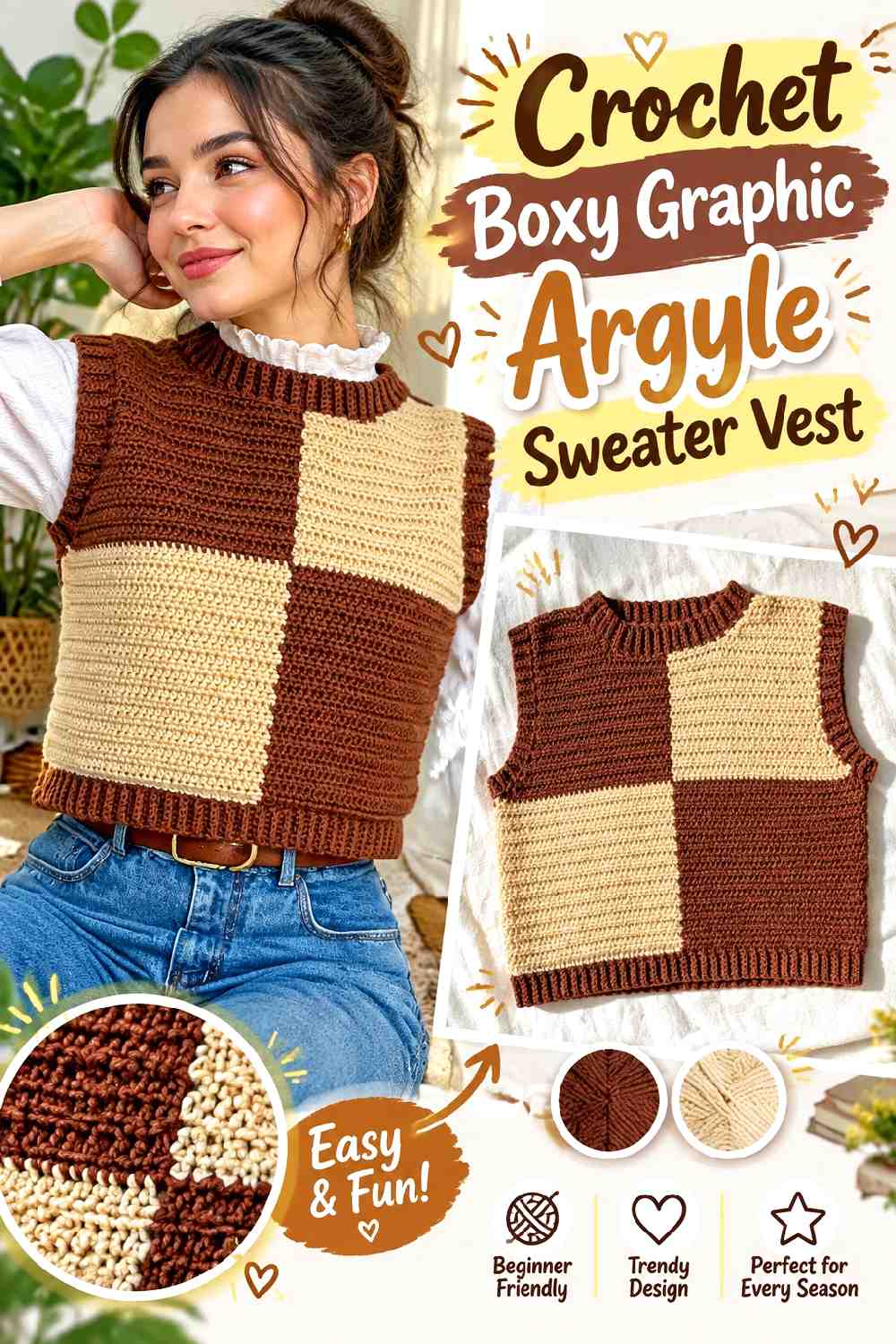 5. Crochet Boxy Graphic Argyle Sweater Vest