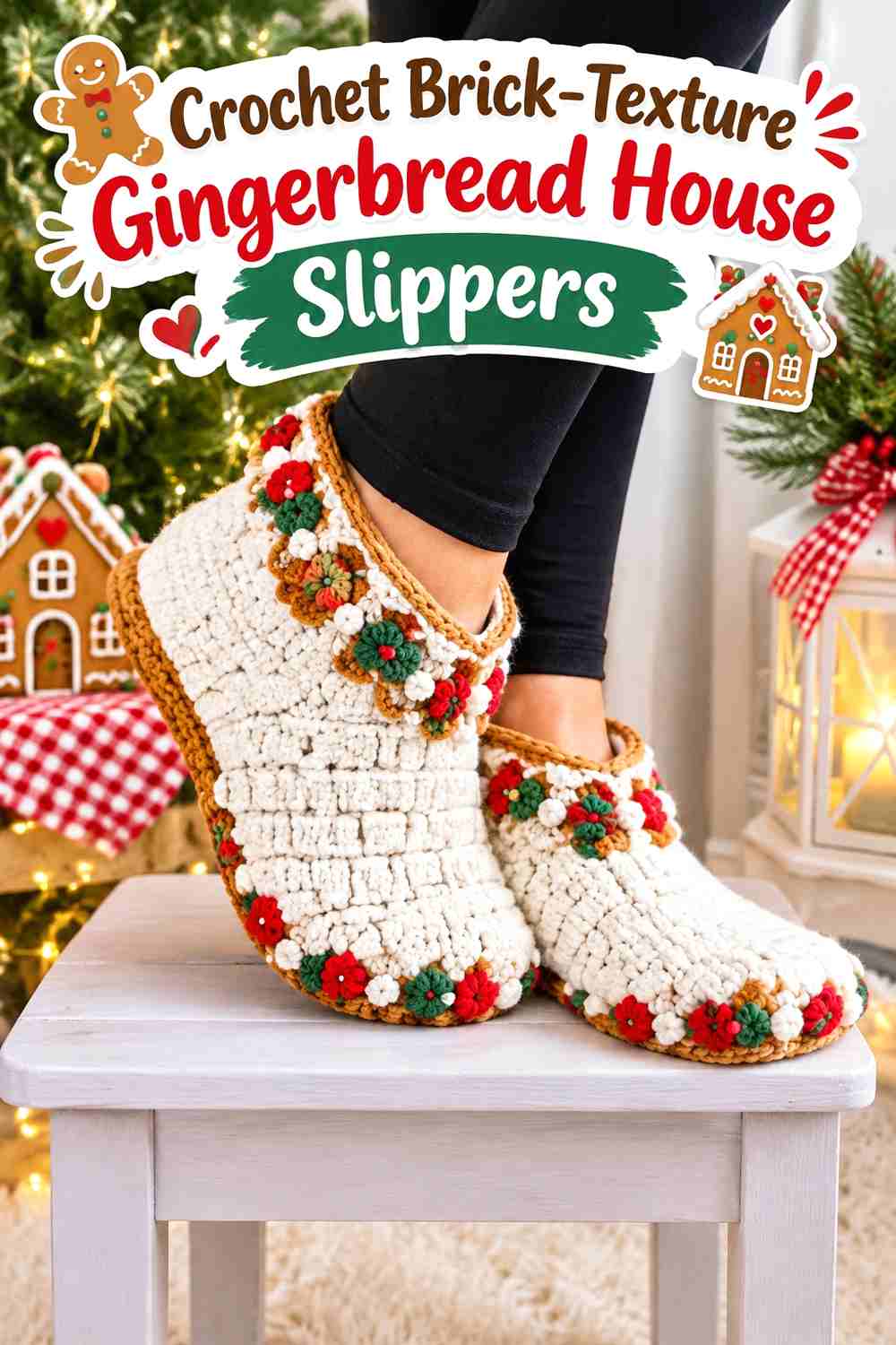 7. Crochet Brick-Texture Gingerbread House Slippers