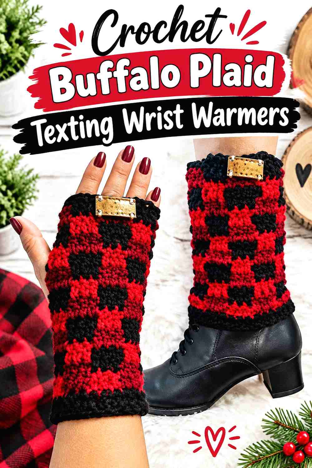 2. Crochet Buffalo Plaid Texting Wrist Warmers