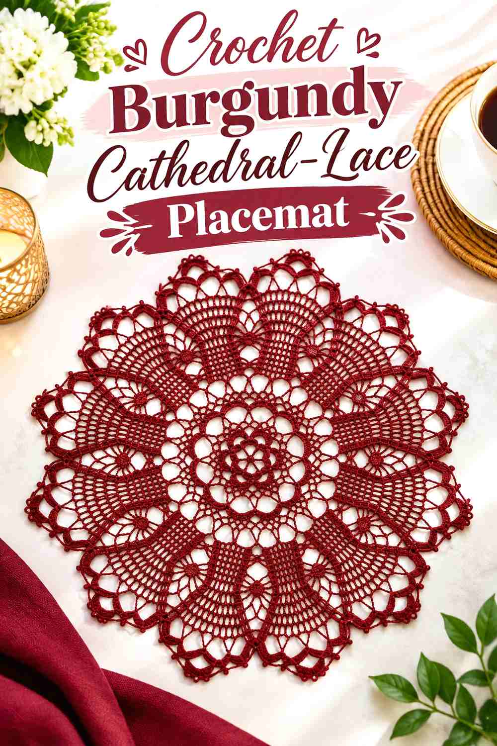 1. Crochet Burgundy Cathedral-Lace Placemat