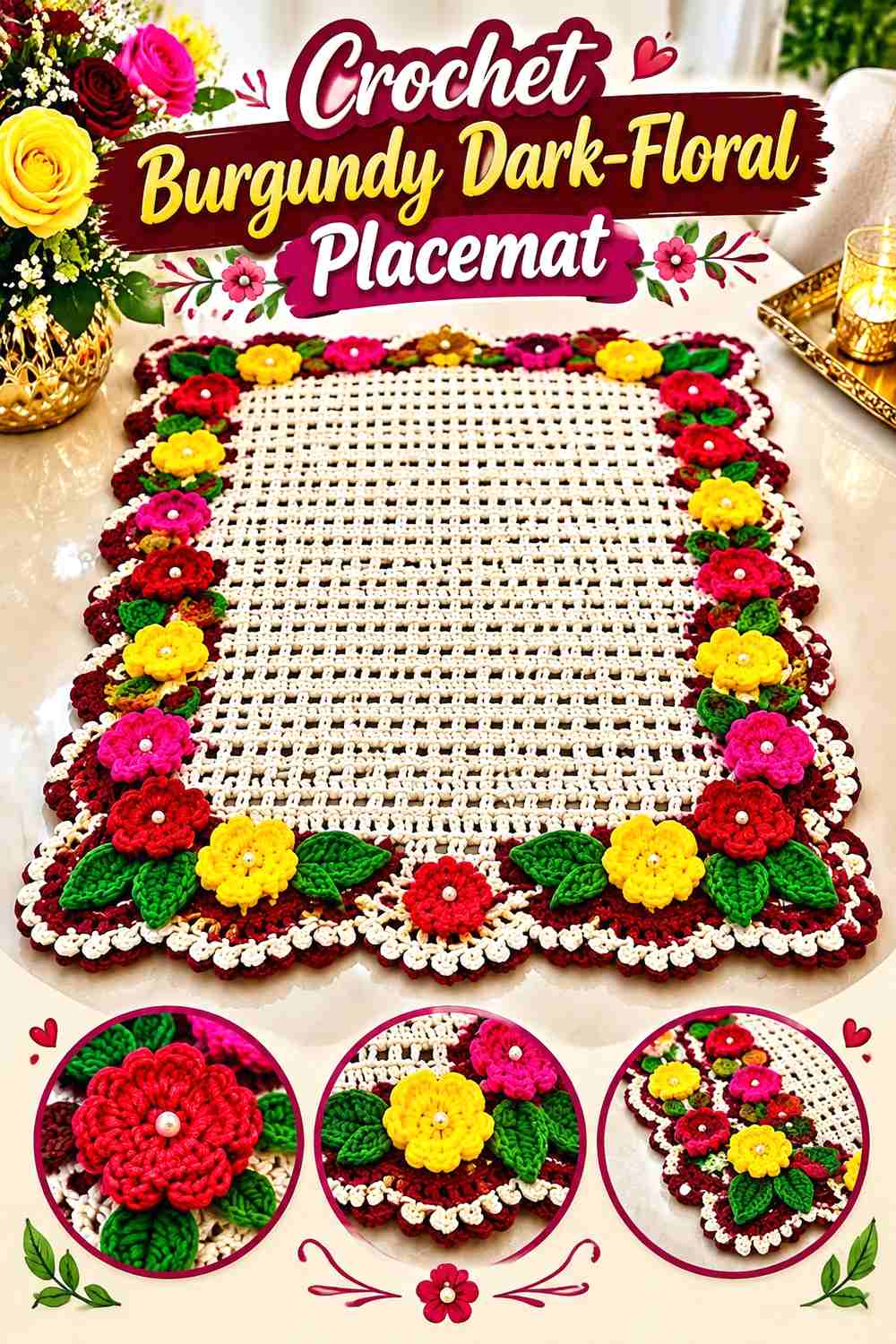 5. Crochet Burgundy Dark-Floral Placemat
