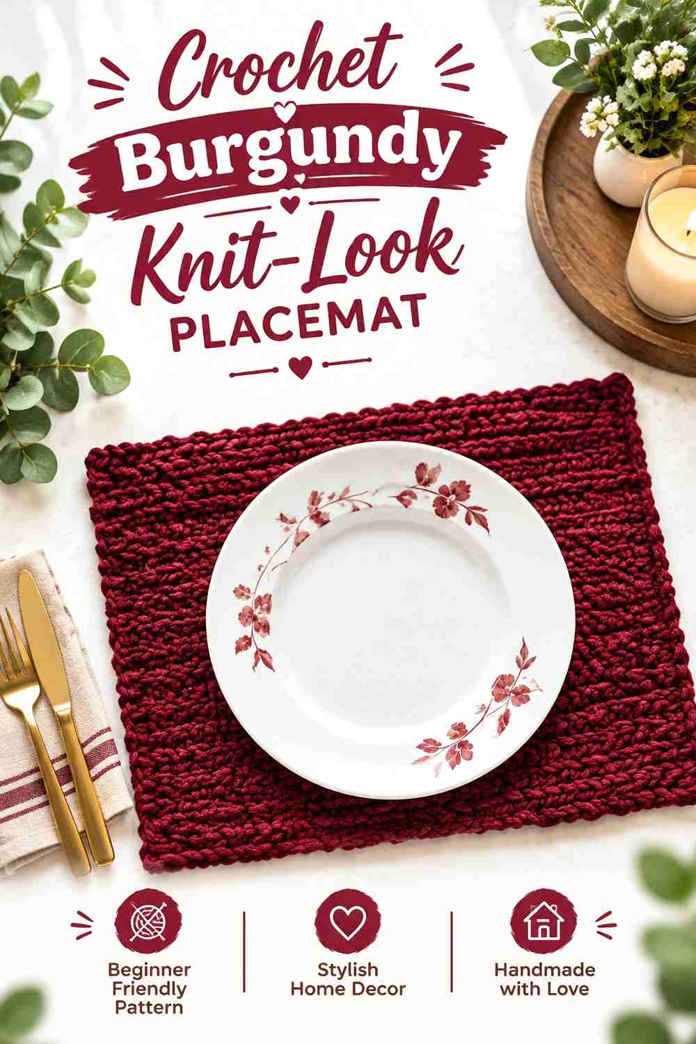 15. Crochet Burgundy Knit-Look Placemat