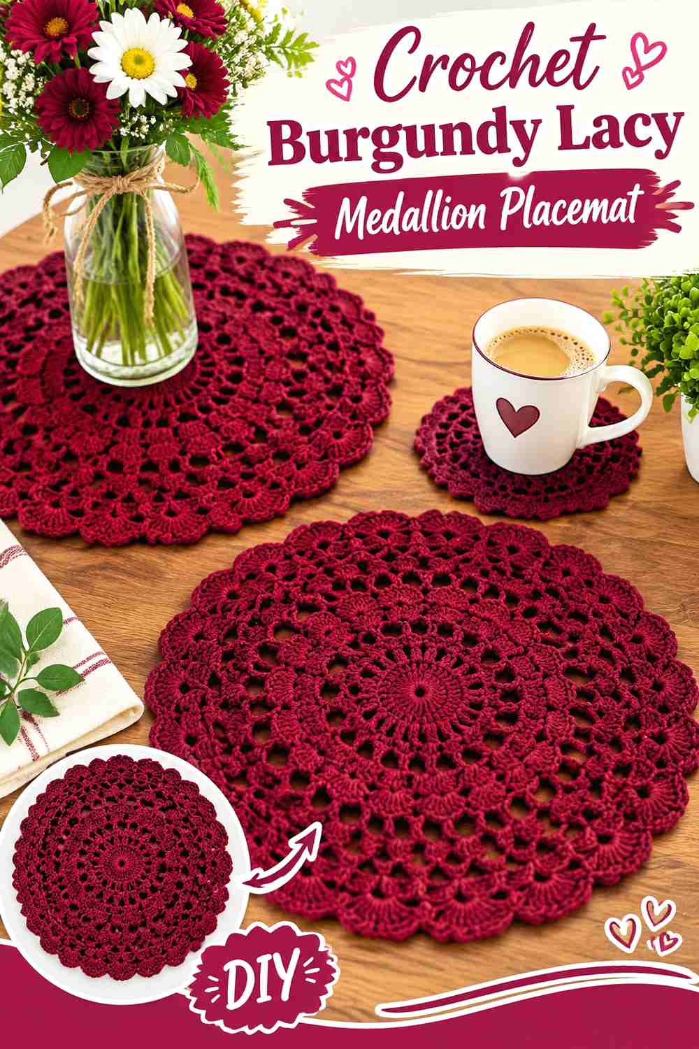 10. Crochet Burgundy Lacy Medallion Placemat