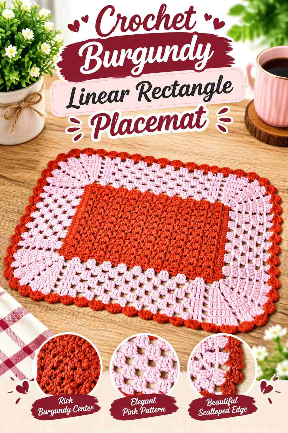 12. Crochet Burgundy Linear Rectangle Placemat