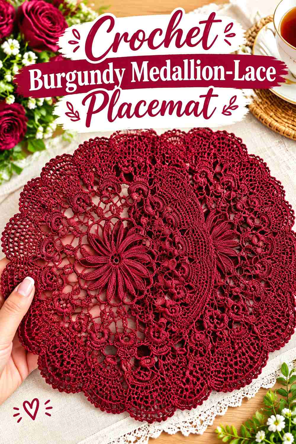 3. Crochet Burgundy Medallion-Lace Placemat