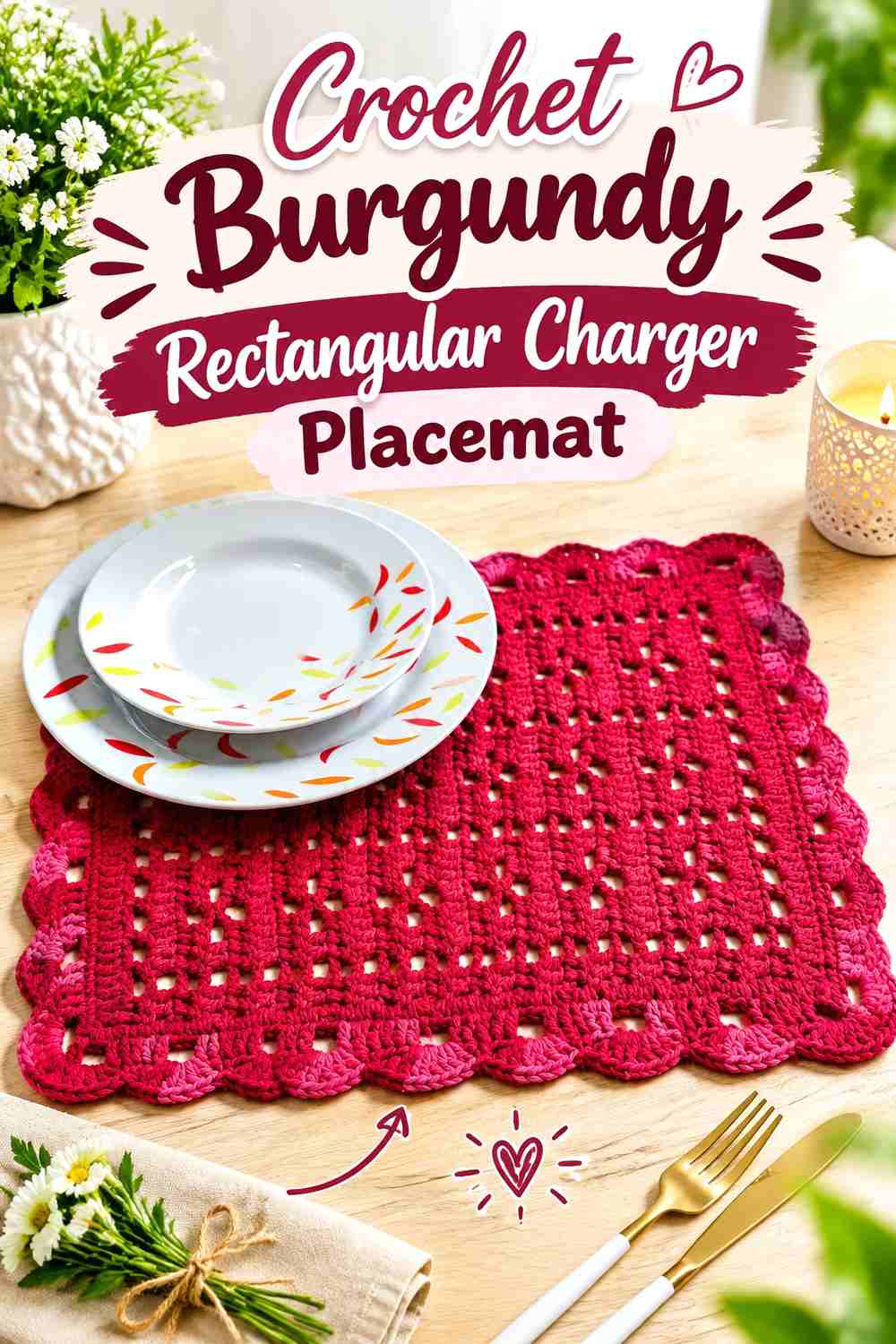 4. Crochet Burgundy Rectangular Charger Placemat