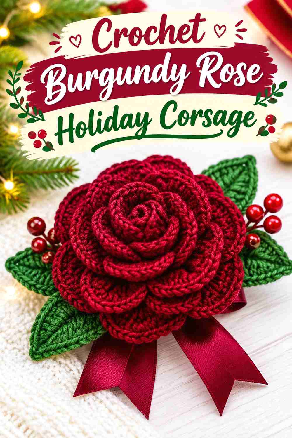 5. Crochet Burgundy Rose Holiday Corsage