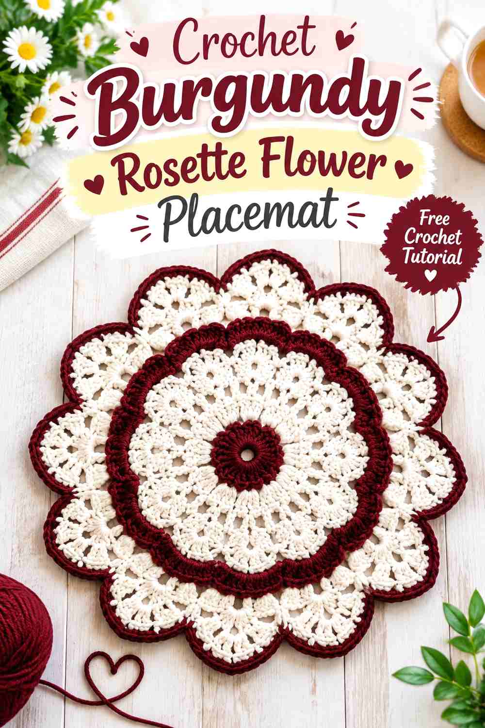 8. Crochet Burgundy Rosette Flower Placemat