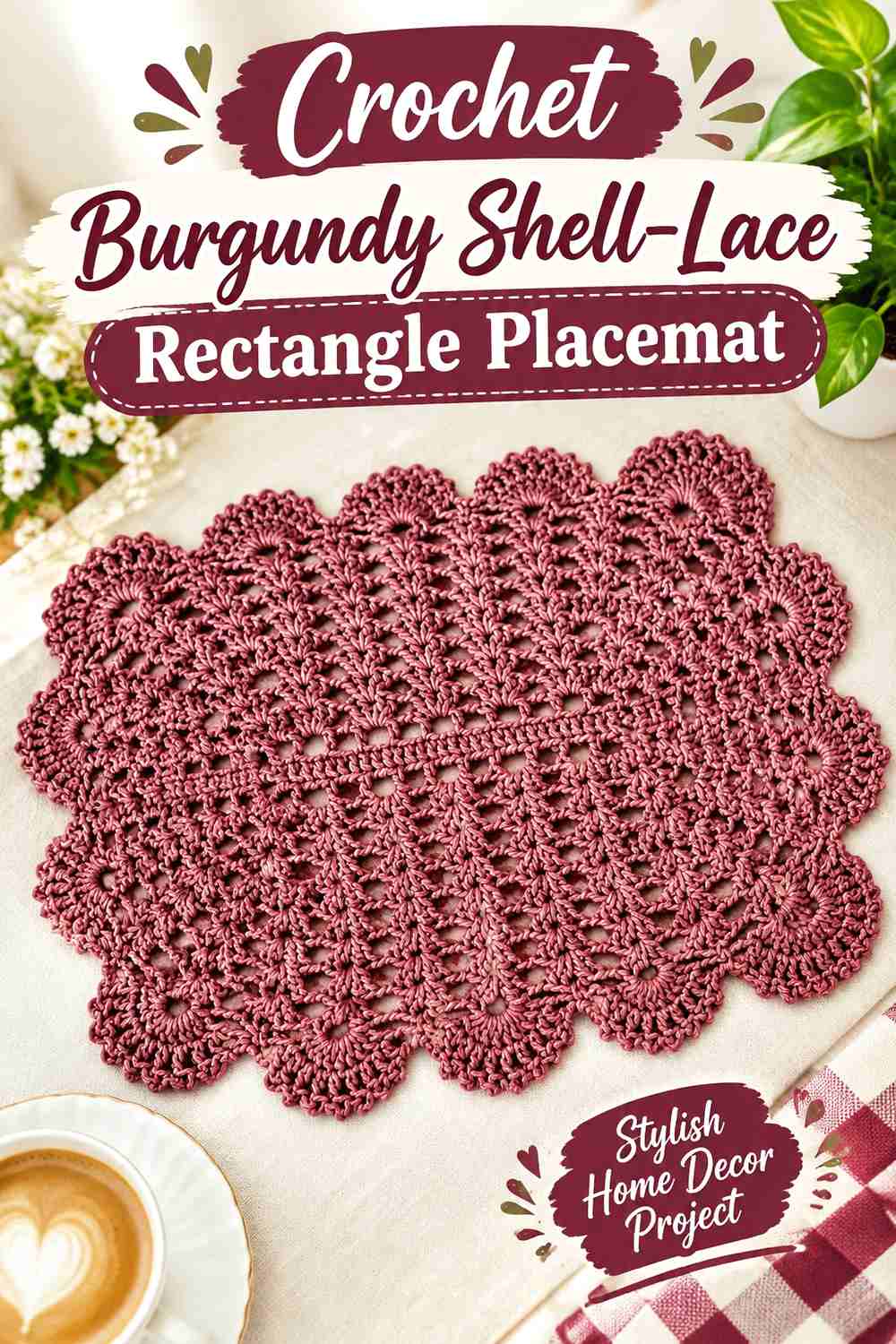 2. Crochet Burgundy Shell-Lace Rectangle Placemat