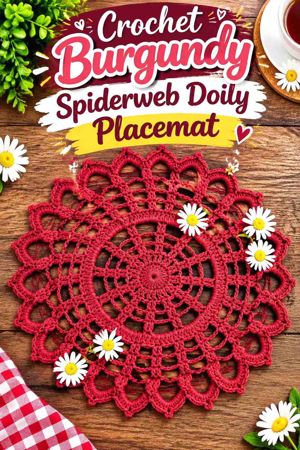 14. Crochet Burgundy Spiderweb Doily Placemat