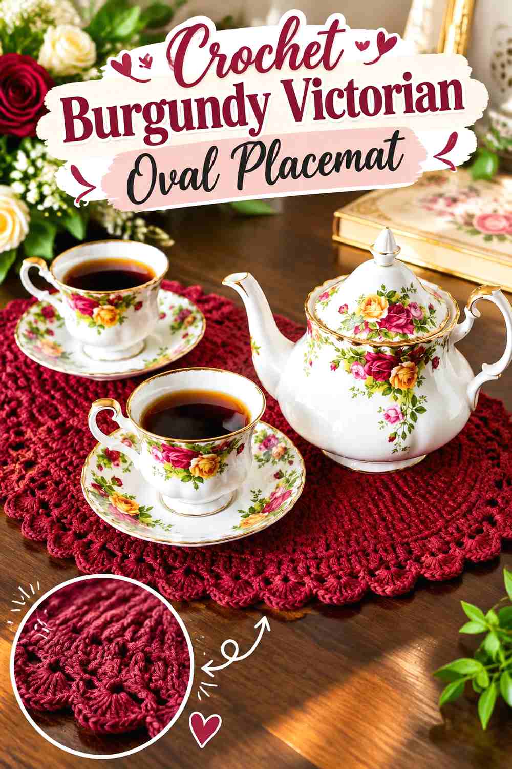 7. Crochet Burgundy Victorian Oval Placemat