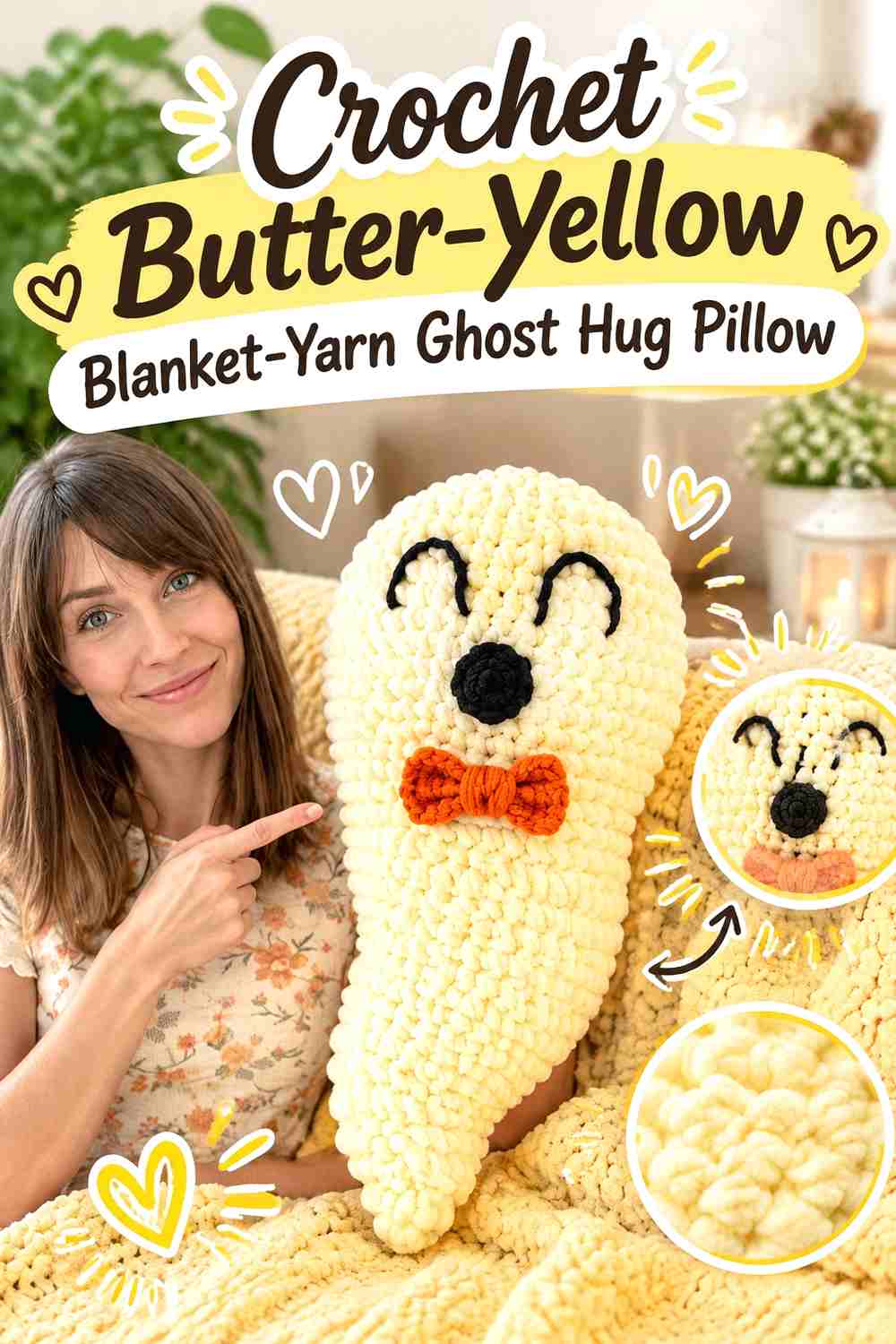 8. Crochet Butter-Yellow Blanket-Yarn Ghost Hug Pillow