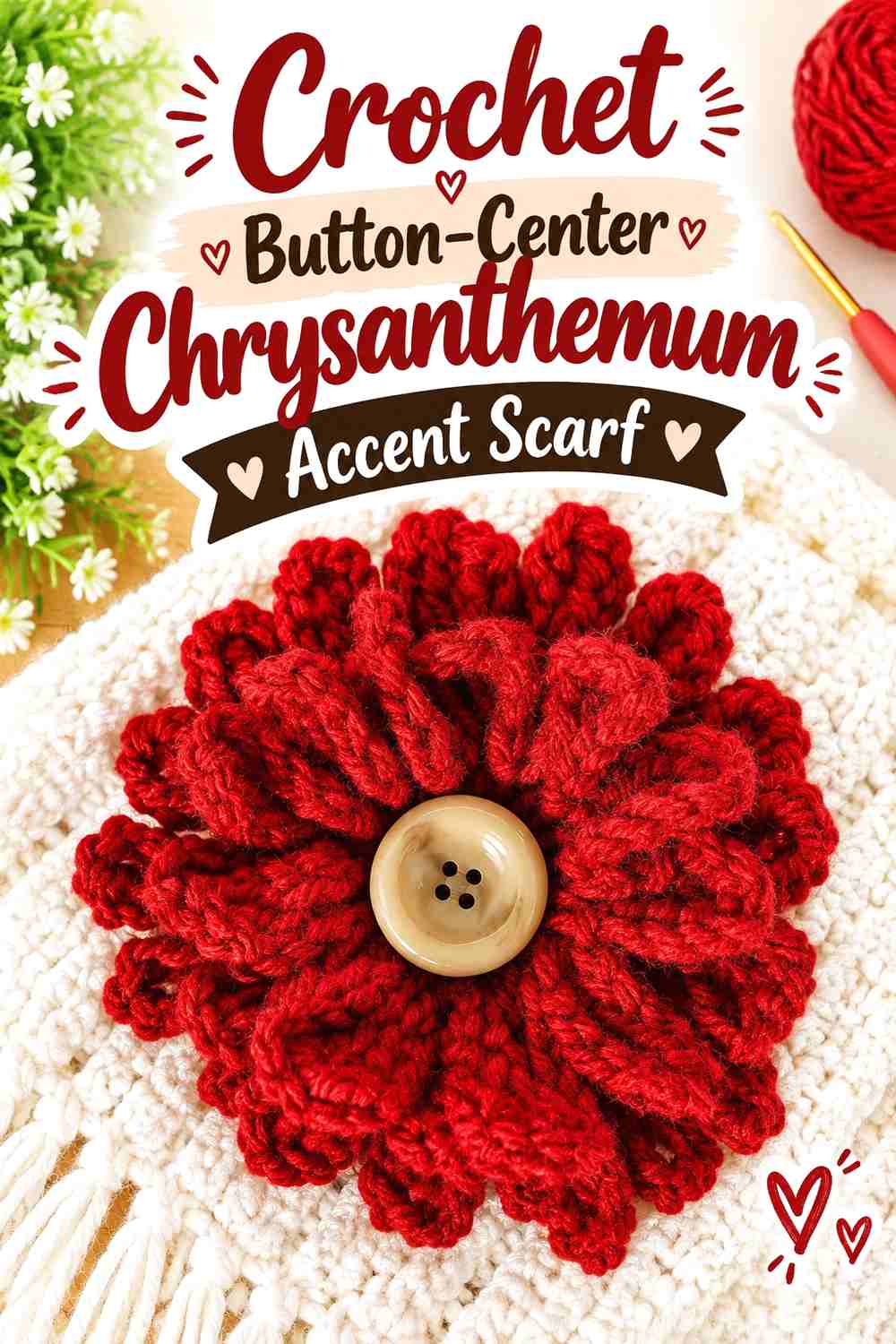 9. Crochet Button-Center Chrysanthemum Accent Scarf