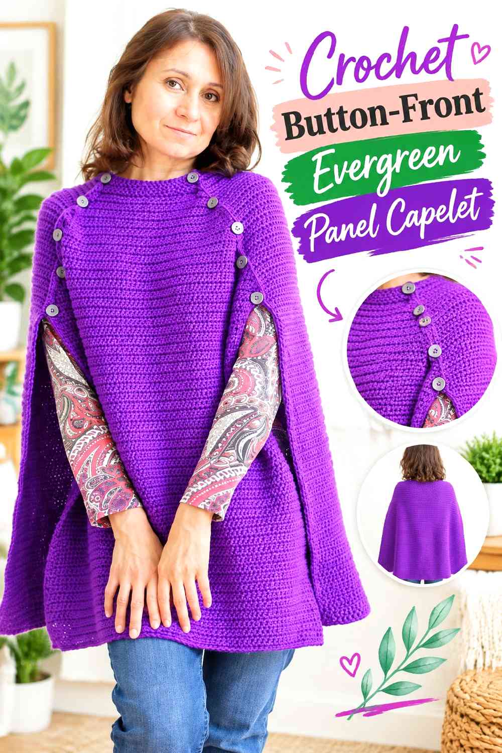 5. Crochet Button-Front Evergreen Panel Capelet