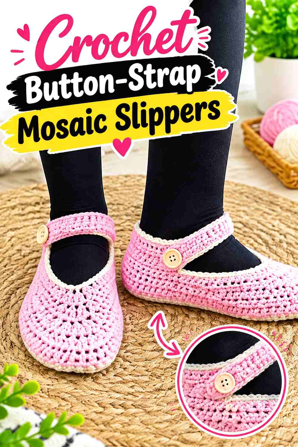 10. Crochet Button-Strap Mosaic Slippers