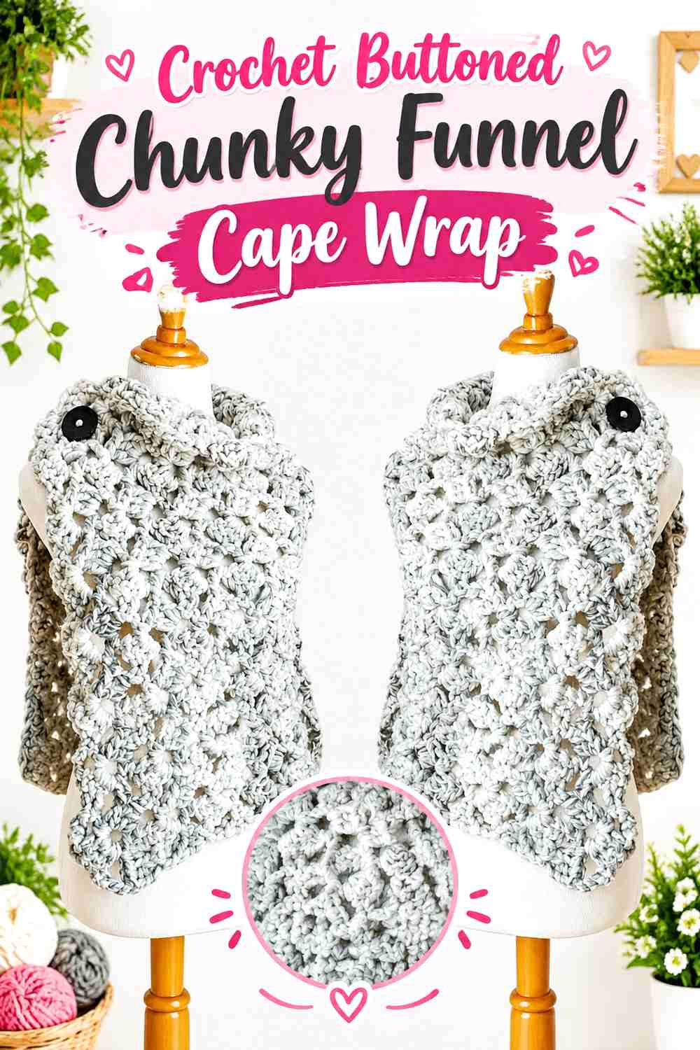 3. Crochet Buttoned Chunky Funnel Cape Wrap