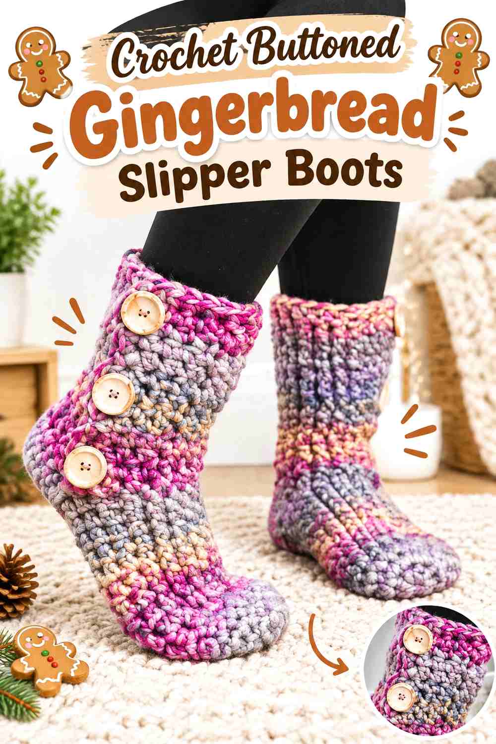 14. Crochet Buttoned Gingerbread Slipper Boots