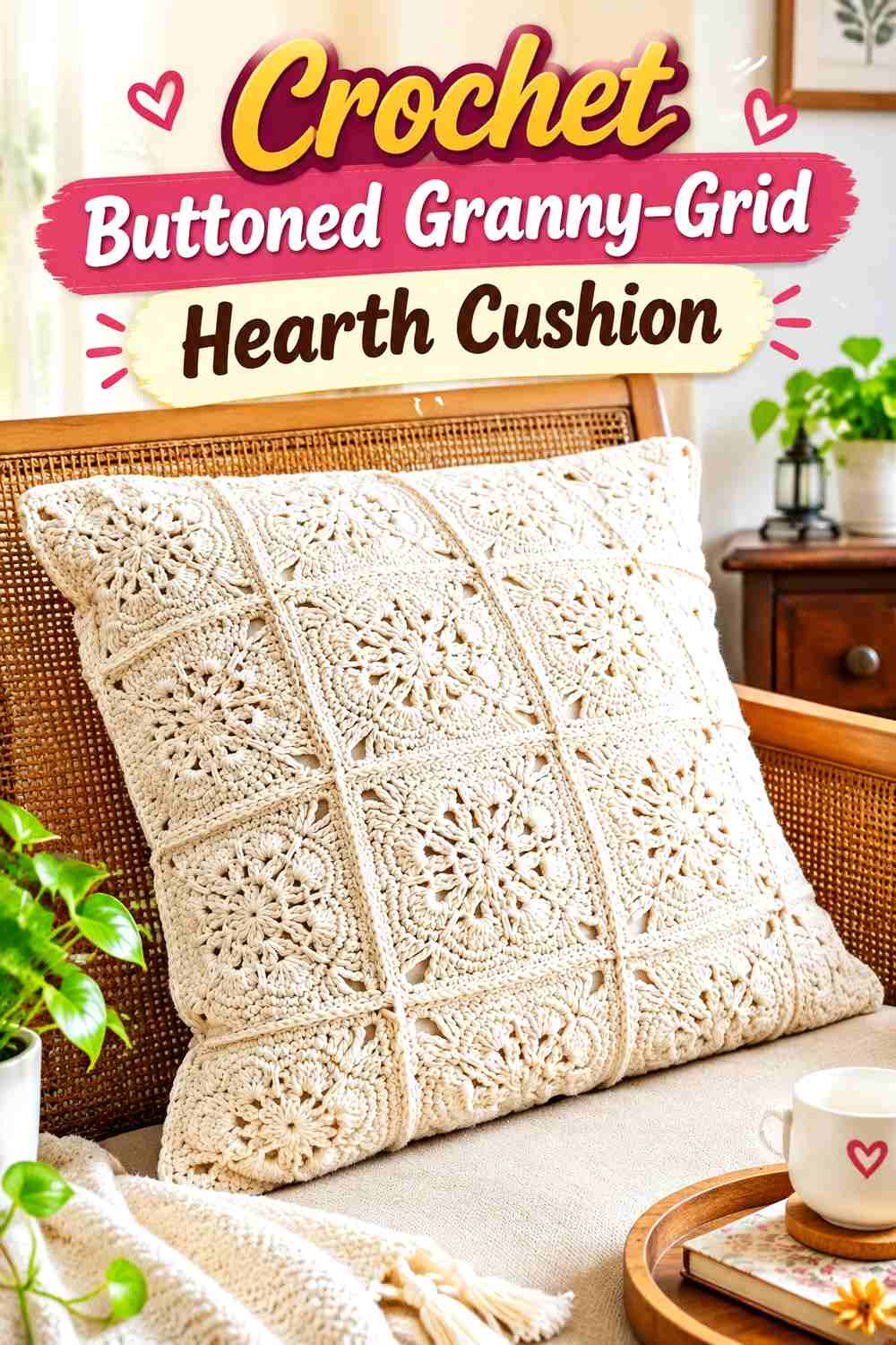 5. Crochet Buttoned Granny-Grid Hearth Cushion