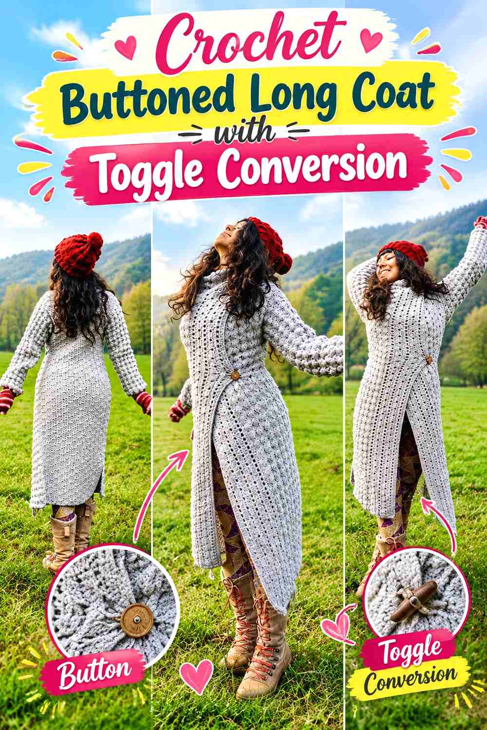 17. Crochet Buttoned Long Coat with Toggle Conversion
