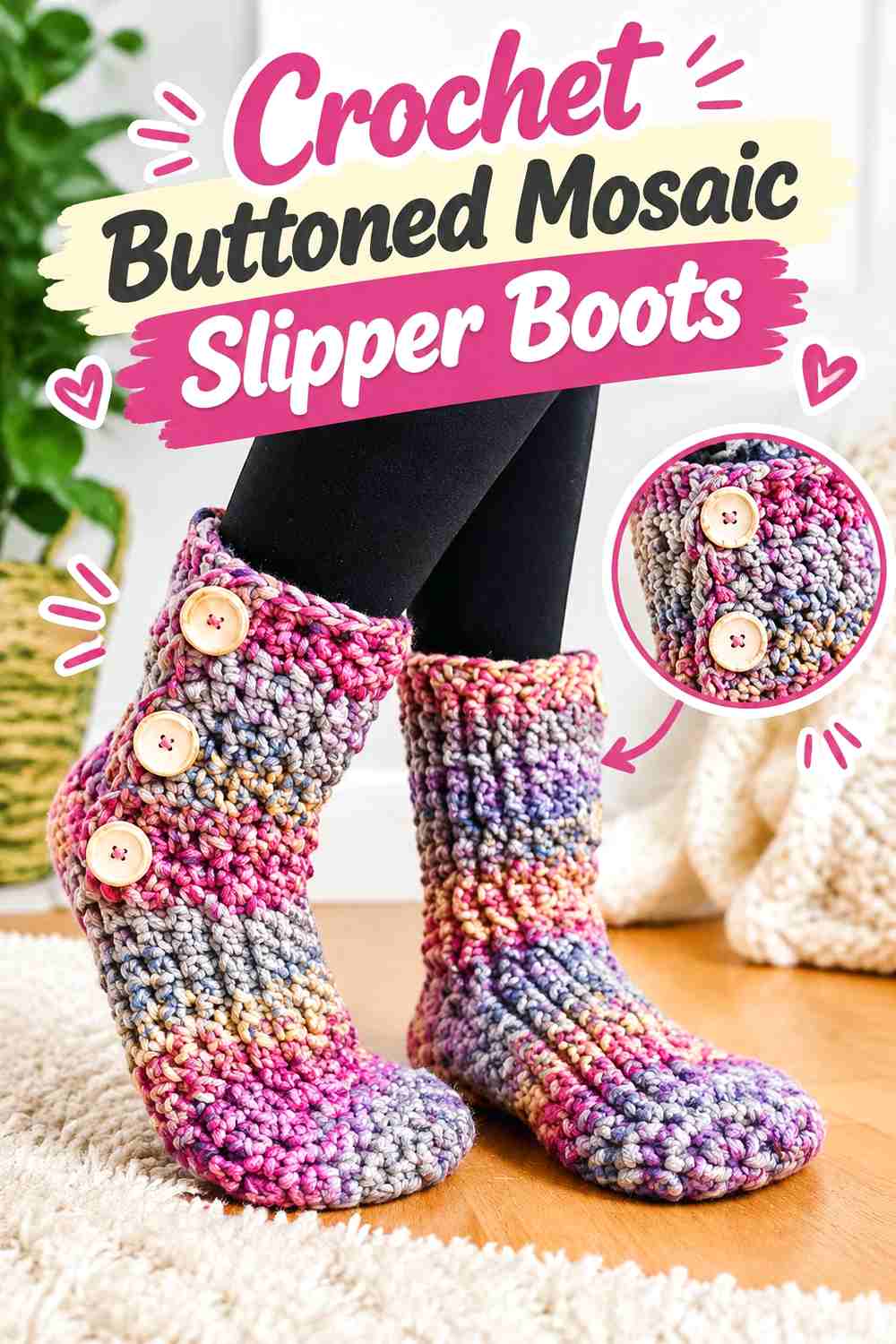 13. Crochet Buttoned Mosaic Slipper Boots