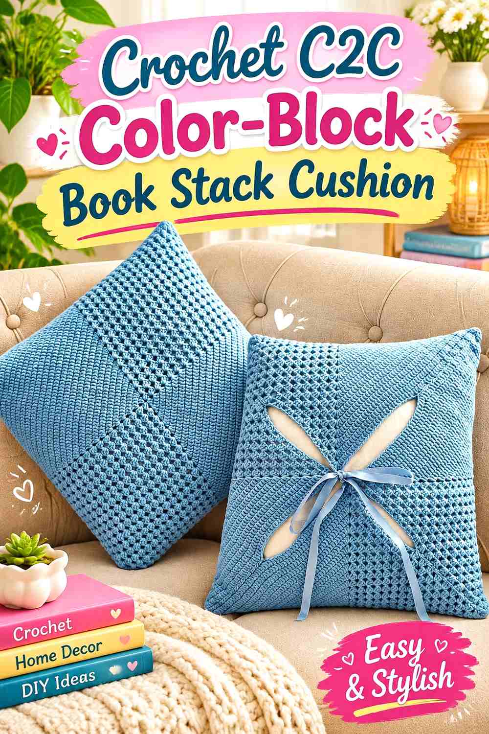19. Crochet C2C Color-Block Book Stack Cushion