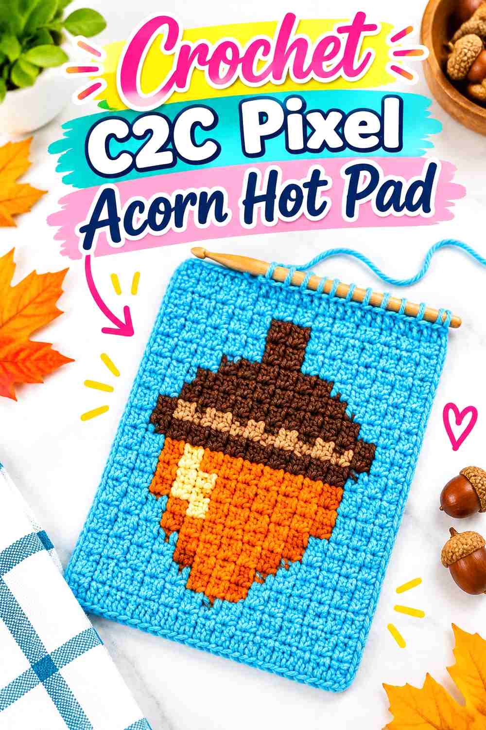6. Crochet C2C Pixel Acorn Hot Pad