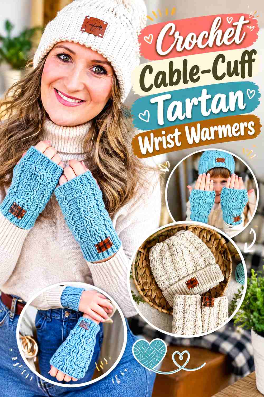 15. Crochet Cable-Cuff Tartan Wrist Warmers