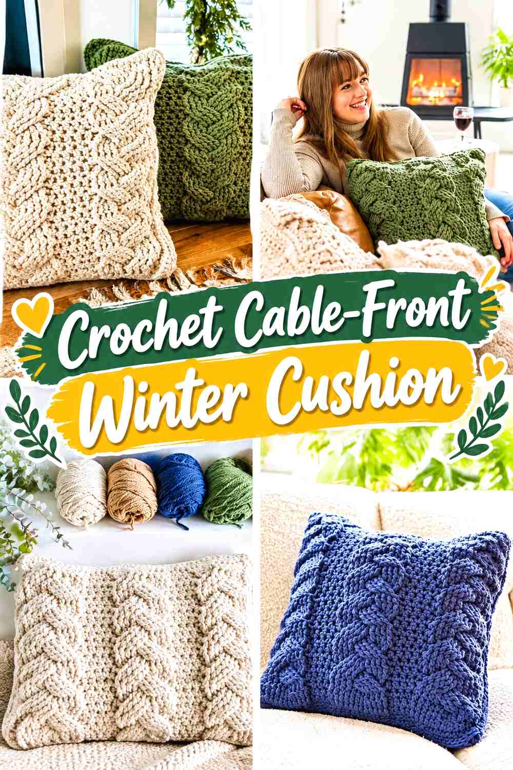 13. Crochet Cable-Front Winter Cushion