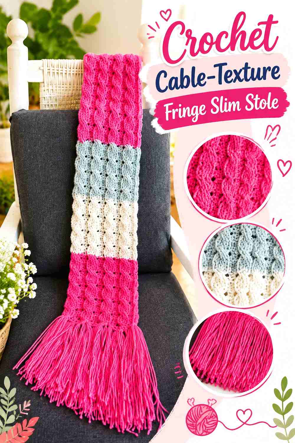 17. Crochet Cable Texture Fringe Slim Stole