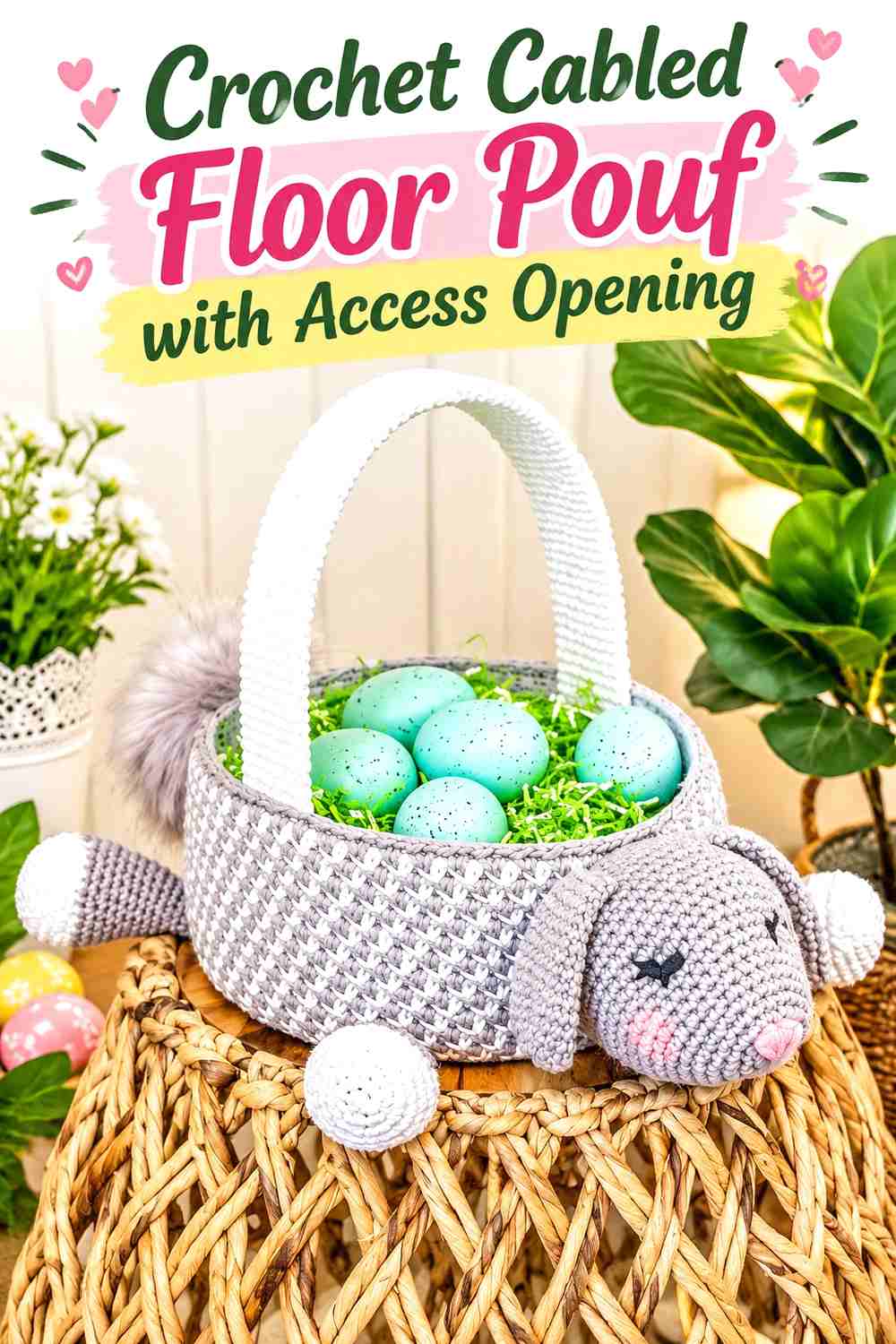 4. Crochet Cabled Floor Pouf with Access Opening