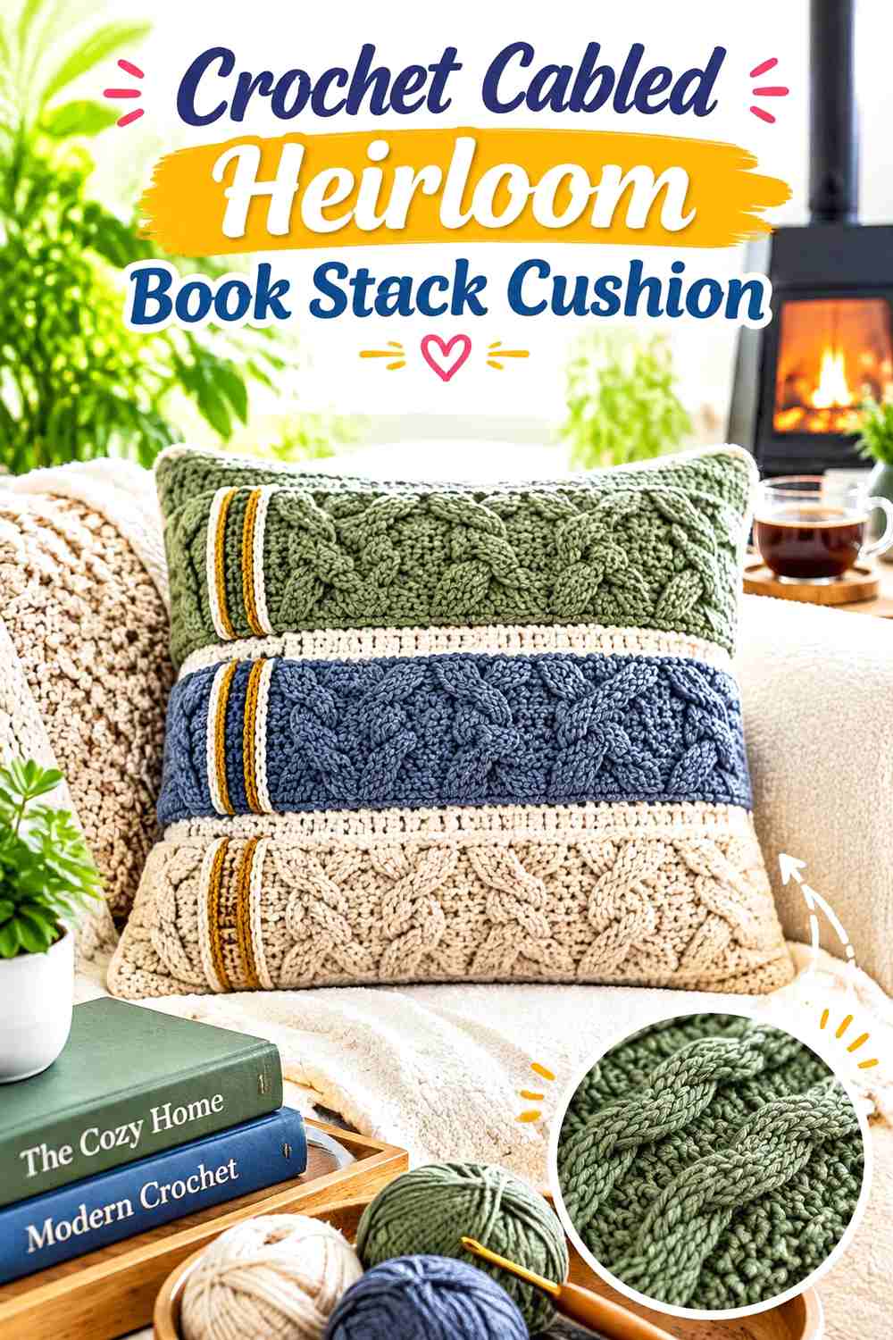 7. Crochet Cabled Heirloom Book Stack Cushion