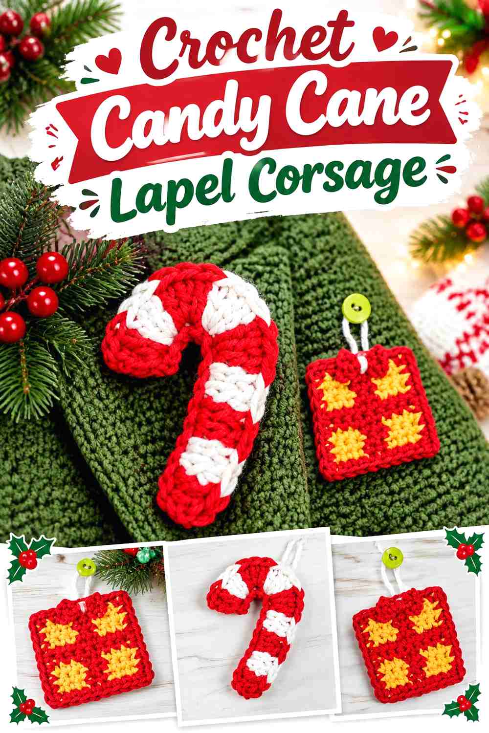 9. Crochet Candy Cane Lapel Corsage