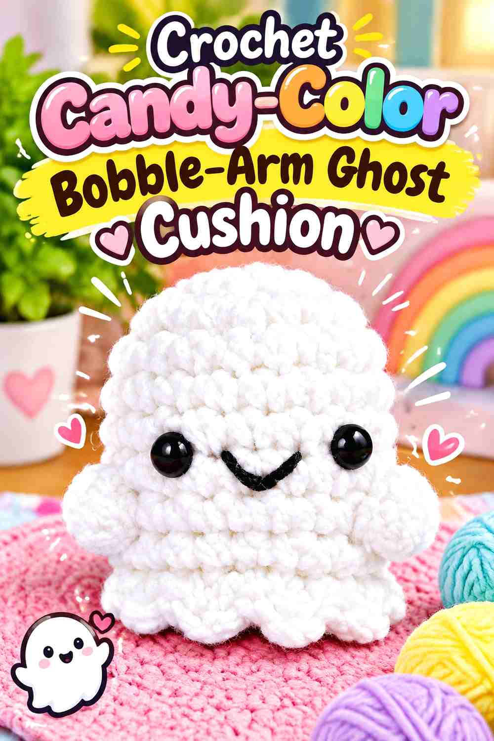 11. Crochet Candy-Color Bobble-Arm Ghost Cushion